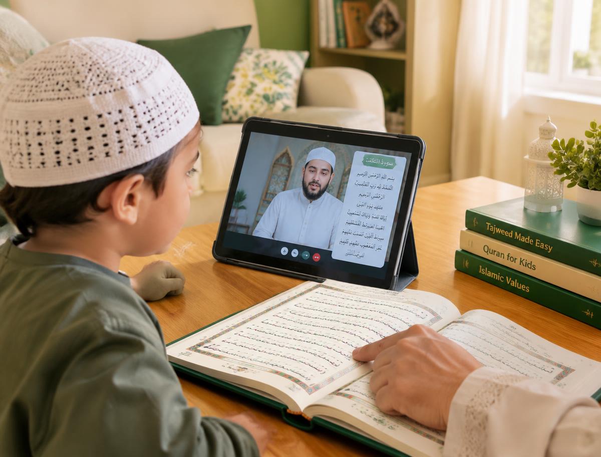 Child learning Quran online with a teacher